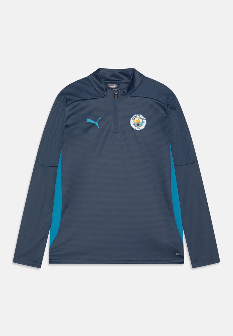 Haut d'entraînement à manches longues marine avec demi-zip, présentant des accents turquoise et le logo de Manchester City, fabriqué en tissu qui évacue l'humidité.