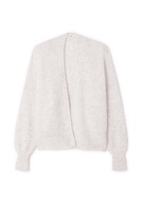 Vaalea harmaa, avoin kardigan, joka on valmistettu pörröisestä kankaasta. Siinä on pitkät, pallomaiset hihat ja ribattyjen hihansuiden yksityiskohtia. Pehmeä rakenne ja rento istuvuus.