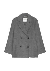 Cappotto doppiopetto grigio in misto lana con rever a punta, due tasche frontali e bottoni neri. Texture liscia e vestibilità comoda.
