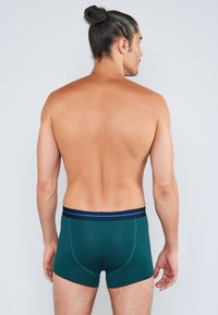 Pánské boxerky v tmavě zelené látce s tmavě modrým elastickým pasem s dvěma modrými pruhy. Hladká textura, přiléhavý střih.