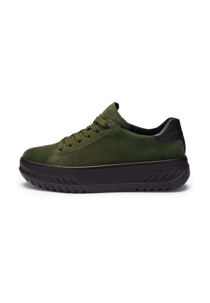 Green suede sneakers with a black textured heel, featuring round laces, a rounded toe, and a ridged black rubber sole.