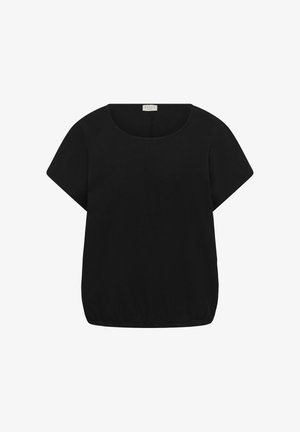 Schwarze, locker sitzende Bluse mit kurzen Ärmeln, Rundhalsausschnitt und elastischem Saum, dargestellt vor weißem Hintergrund.