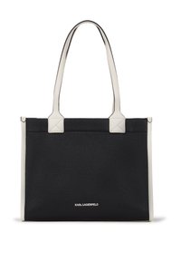 Geantă tote din piele texturată neagră cu accente și mânere albe, având o formă rectangulară și un logo în partea de jos față.