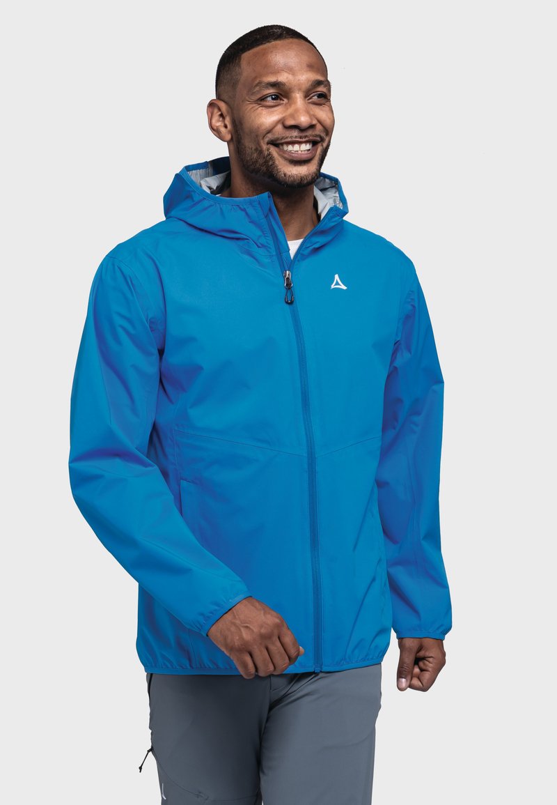 Blaue wasserdichte Jacke mit Kapuze, ausgestattet mit einem Reißverschluss vorne, elastischen Bündchen und hellgrauem Futter. Einfaches Design mit einem Logo auf der Brust.
