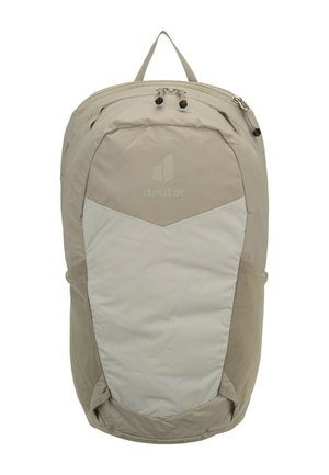 Beige and light gray Deuter backpack with top zipper, side mesh pockets, and a carrying loop handle.