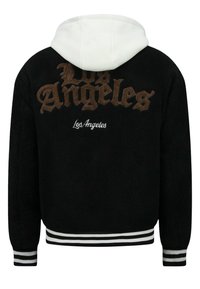 Zwarte fleecejas met witte capuchon, met grote bruine "Los Angeles"-letters op de achterkant en gestreepte geribde manchetten en zoom.