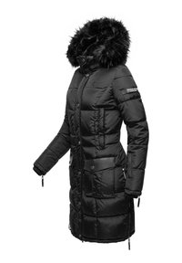 Black insulated parka with a fur-lined hood, button front, side pockets, and elastic cuffs. Features quilted design and logo patch on sleeve.
