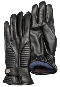 Svarta läderhandskar med vadderad ribbning på fingrarna, blå tygfoder och ett spänne med detalj i silverfärg.