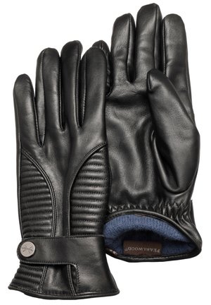 Black leather gloves with padded ribbing on the fingers, blue fabric lining, and a strap with a silver-tone button detail.