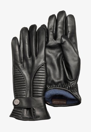 Juodi odiniai pirštinės su paminkštintomis įpjovomis ant pirštų, mėlynas audinio pamušalas ir dirželis su sidabriniu mygtuko dekoru.