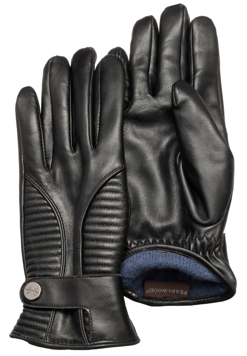 Svarta läderhandskar med vadderad ribbning på fingrarna, blå tygfoder och ett spänne med detalj i silverfärg.