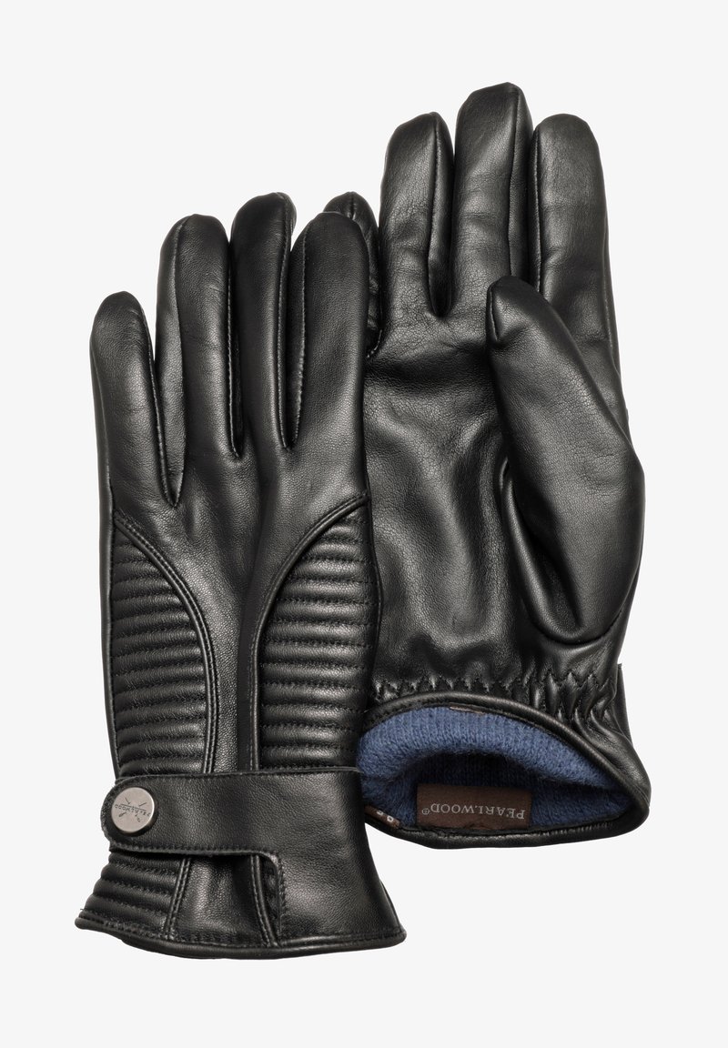 Czarne skórzane rękawiczki z wyściełanym żebrowaniem na palcach, niebieską podszewką z tkaniny oraz paskiem z detalem w postaci srebrnego guzika.