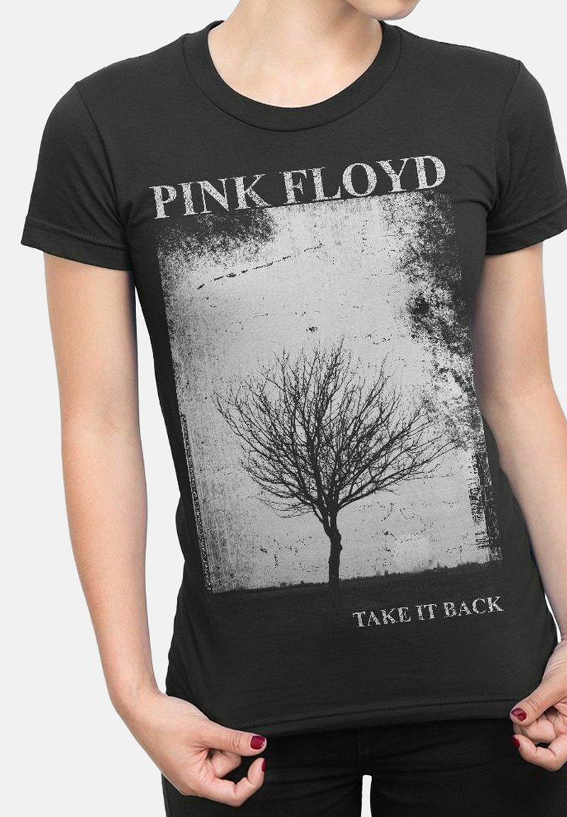 Svart bomulls t-shirt med en sliten grå grafik av ett träd och "PINK FLOYD"-text ovanför, med "TAKE IT BACK" längst ner.
