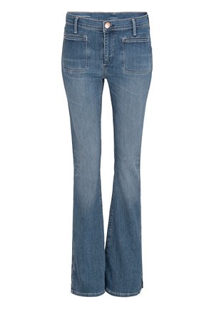 Bootcut jeans in middelblauwe denim, met een aansluitende taille, uitlopende pijpen, twee achterzakken en een gepolijste metalen knoopsluiting.