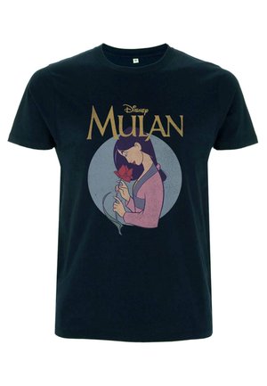 Sort bomulds t-shirt med et grafisk motiv af Mulan, der holder en blomst, med gyldne og lyserøde accenter i et cirkulært design.