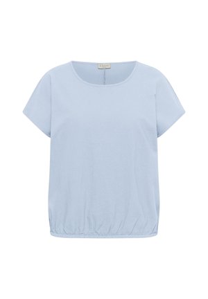 Blouse bleu clair à manches courtes avec encolure ronde et ourlet élastique froncé, fabriquée en tissu doux, sans motifs ni ornements.
