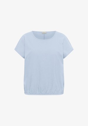 Blouse bleu clair à manches courtes avec encolure ronde et ourlet élastique froncé, fabriquée en tissu doux, sans motifs ni ornements.