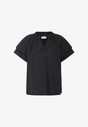 Blouse noire à manches courtes avec encolure ronde smockée et manches volantées superposées, confectionnée dans un tissu léger.