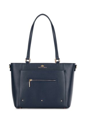 Donkerblauw gestructureerde leren tote bag met dubbele schouderriemen, voorvak met rits, gouden hardware accenten en logo detail.