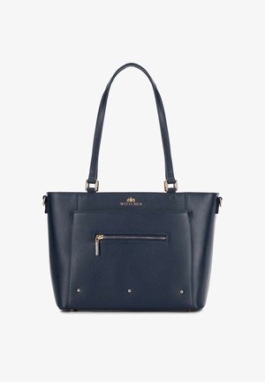 Donkerblauw gestructureerde leren tote bag met dubbele schouderriemen, voorvak met rits, gouden hardware accenten en logo detail.