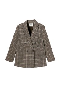 Blazer à carreaux brun, croisé, avec un col structuré, des manches longues et deux grandes poches avant. Son tissu présente une texture semblable à de la laine.