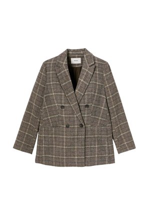 Blazer à carreaux brun, croisé, avec un col structuré, des manches longues et deux grandes poches avant. Son tissu présente une texture semblable à de la laine.