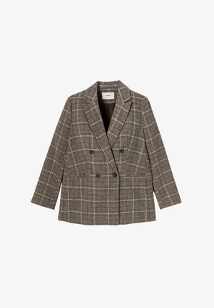 Blazer à carreaux brun, croisé, avec un col structuré, des manches longues et deux grandes poches avant. Son tissu présente une texture semblable à de la laine.