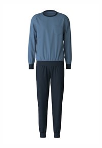Lichtblauwe sweatshirt met een borstzak, gecombineerd met donkerblauwe joggingsbroek. Beide hebben elastische manchetten en een comfortabele pasvorm.