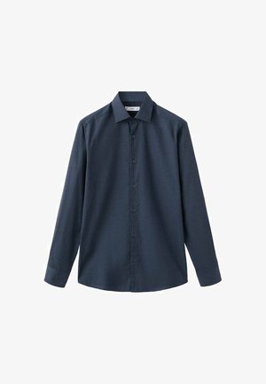 Temno modra srajca z dolgimi rokavi iz teksturirane tkanine, ki ima ovratnik, zapenjanje na gumbe in nastavljive manšete.