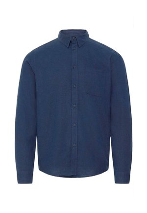 Merevaigukollane pikkade varrukatega nööbitav särk krae ja rinnataskuga, ühevärviline valgel taustal.