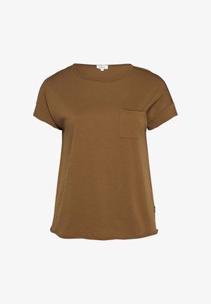 Bruine T-shirt met korte mouwen, ronde hals en een klein borstzakje, losse pasvorm en omgevouwen mouwboorden.