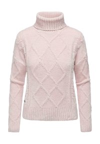 Helle rosa Rollkragenpullover aus strukturiertem Strickstoff, mit einem Diamantmuster und gerippten Bündchen sowie Saum.