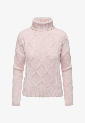 Maglione girocollo rosa chiaro realizzato in tessuto a maglia testurizzato, con un motivo a diamond e polsini e orlo a costine.