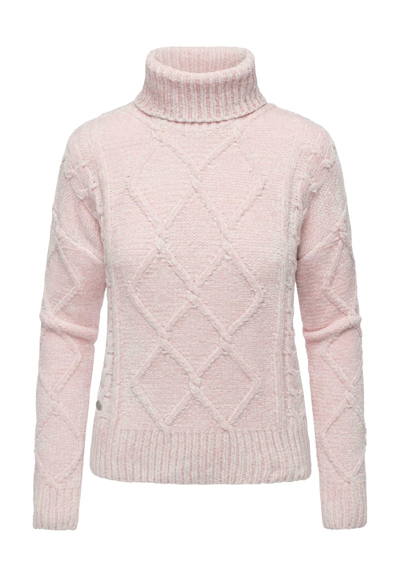 Helle rosa Rollkragenpullover aus strukturiertem Strickstoff, mit einem Diamantmuster und gerippten Bündchen sowie Saum.
