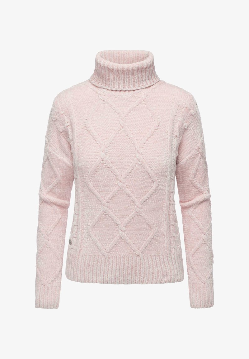 Helle rosa Rollkragenpullover aus strukturiertem Strickstoff, mit einem Diamantmuster und gerippten Bündchen sowie Saum.