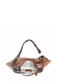 Sac à main en cuir tan avec un extérieur texturé, une fermeture éclair et un intérieur décoratif à motifs. Il dispose d'une courte bandoulière et d'accents stylés.