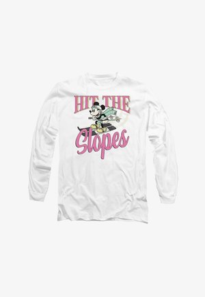Langärmliges weißes T-Shirt mit einem Cartoon-Charakter, der Ski fährt, und dem Text "HIT THE SLOPES" in Pink und Gelb. Aus weichem Baumwollstoff.