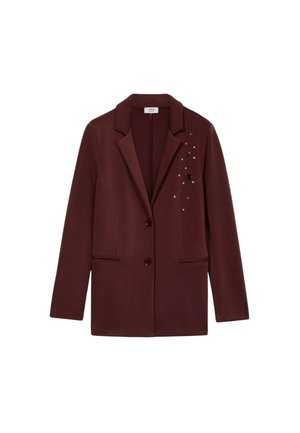 Blazer bordeaux con revers a giacca, due tasche frontali, bottoni rossi e decorazioni su un lato. Tessuto liscio e strutturato.