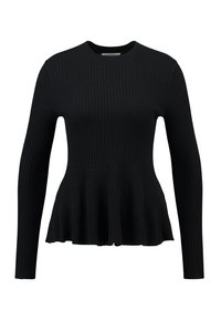 Svart ribbad tröja med rund halsringning, långa ärmar och fladdrande nederdel. Tillverkad av ett mjukt, strukturerat stickat material.