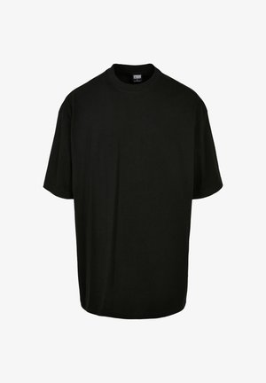 Schwarzes Baumwoll-T-Shirt mit Rundhalsausschnitt und kurzen Ärmeln, erhältlich in lockerer Passform. Glatte Textur, keine Muster oder Akzente sichtbar.