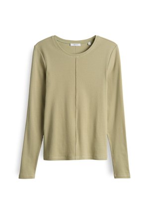 Maglietta a maniche lunghe verde chiaro realizzata in materiale a coste. Presenta un collo rotondo e un dettaglio con cucitura centrale. Design casual con una vestibilità rilassata.