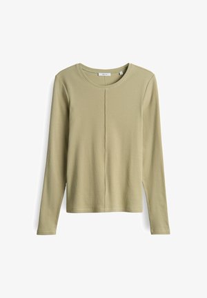 Maglietta a maniche lunghe verde chiaro realizzata in materiale a coste. Presenta un collo rotondo e un dettaglio con cucitura centrale. Design casual con una vestibilità rilassata.