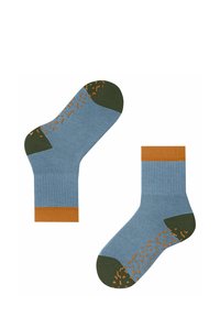 Chaussettes de cheville bleues avec sections de talon et d'orteil vertes, ornées de motifs abstraits orange. Texture côtelée avec un revers brun contrastant.