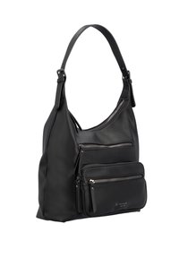 Sac en cuir noir avec une finition texturée, doté de trois poches zippées à l'avant et d'une large bandoulière.