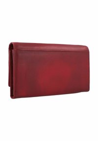 Rote Lederbörse mit glatter Textur, rechteckiger Form und gefaltetem Design. Verfügt über minimalistische Nähte und keine sichtbaren Beschläge.