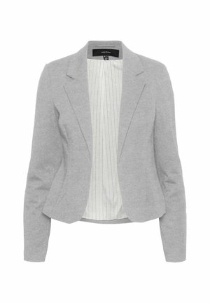 Blazer gris en tissu doux avec une coupe ajustée, dotée d'une fermeture à un seul bouton et d'une doublure à rayures claires.