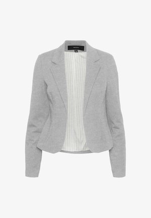 Blazer gris en tissu doux avec une coupe ajustée, dotée d'une fermeture à un seul bouton et d'une doublure à rayures claires.