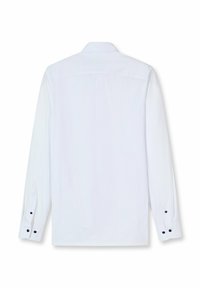 Weißes Langarmhemd aus Baumwollmaterial, mit schwarzen Knöpfen an den Manschetten, klassischem Kragen und glatter Textur, Rückansicht gezeigt.