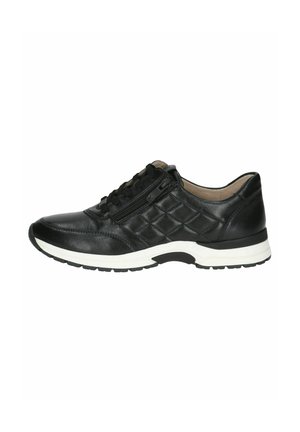 Black leather sneaker with a quilted design, lace and zipper closures, white midsole, and textured sole. Features rounded toe and padded collar.