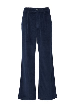 Pantalons larges en velours côtelé bleu marine avec une fermeture �à bouton, présentant une texture à côtes verticales et une coupe ample et fluide.
